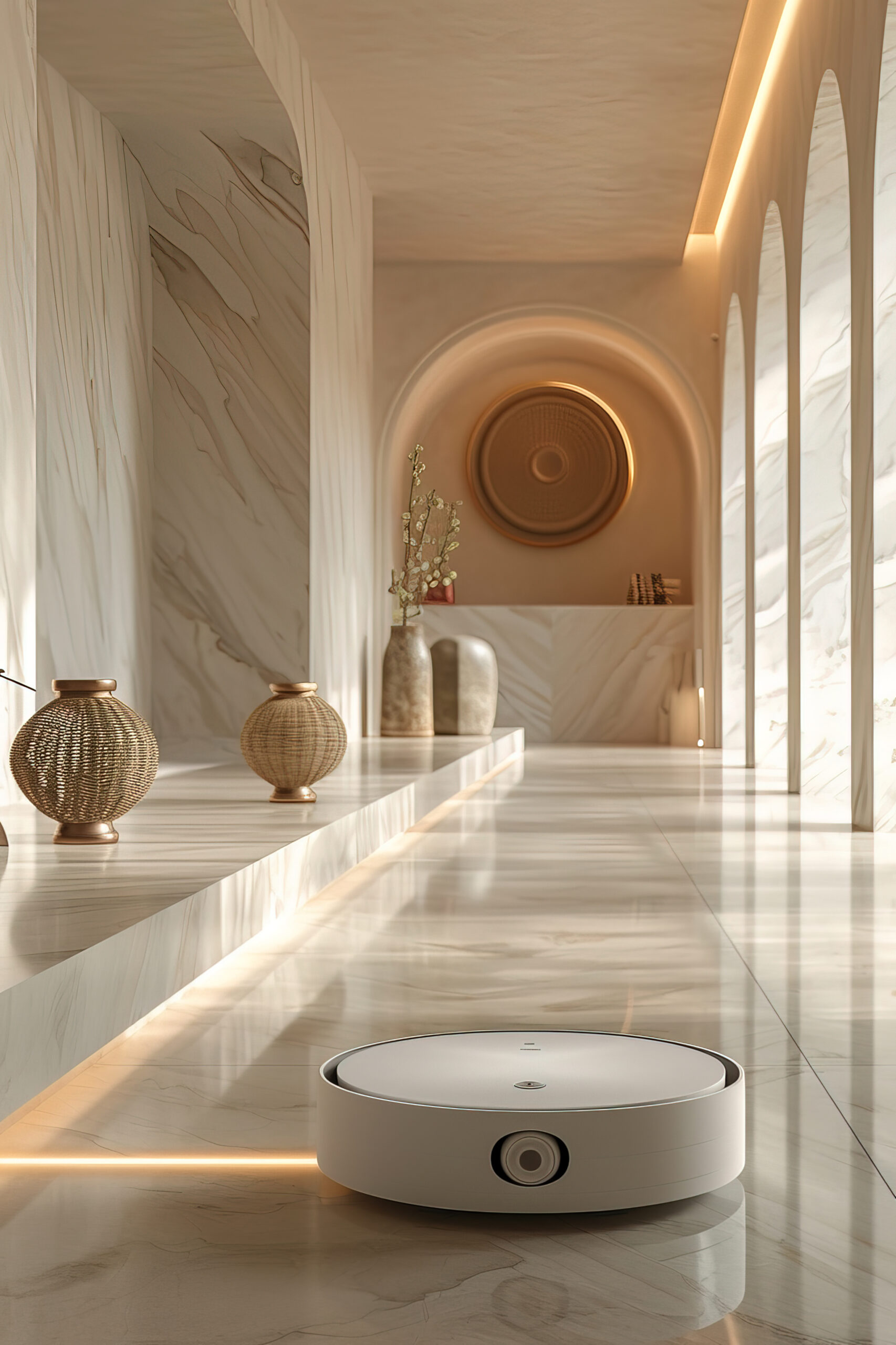A photograph of a modern, autonomous, circular, and flat vacuum cleaner set in a very clean marble space, resting on a white altar. The image features a neon trace marking the vacuum's path. A beautiful advertising photograph that is soft and elegant --ar 2:3 --style raw --stylize 1000 --v 6 Job ID: cbf9982c-50c9-41ca-8b67-7b9f8ba5ef58